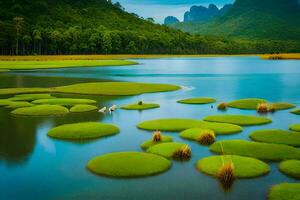a lake with green plants and water lilies. AI-Generated photo