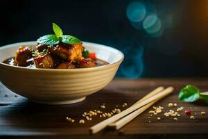 chicken in a bowl with chopsticks. AI-Generated photo