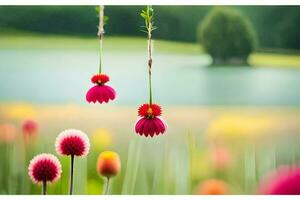 two pink flowers hanging from a string in front of a field. AI-Generated photo