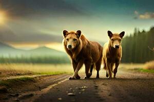 two lions walking down a road in the middle of a field. AI-Generated photo