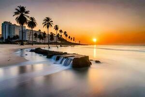 the sun sets over the ocean and palm trees. AI-Generated photo