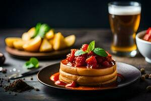 pancakes with berries and a glass of beer. AI-Generated photo