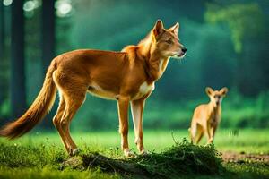 a dingo and her cub in the forest. AI-Generated photo