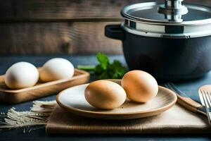 eggs on a plate next to a pot. AI-Generated photo