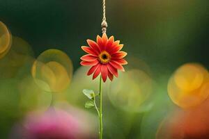 a red flower hanging from a string in front of a green background. AI-Generated photo