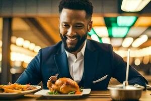 a man in a suit is smiling while eating a meal. AI-Generated photo