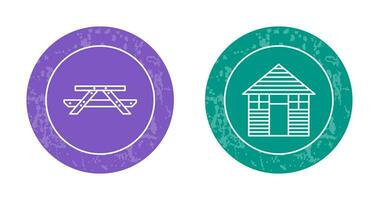 Picnic of Table and Wood Cabin Icon vector