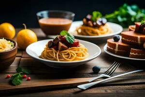 spaghetti with meat and vegetables on a wooden table. AI-Generated photo