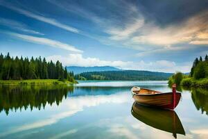 a boat is floating on the calm waters of a lake. AI-Generated photo