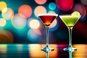 two colorful cocktails on a table with a bright background. AI-Generated photo