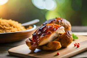 chicken breast with rice and sauce on a wooden cutting board. AI-Generated photo