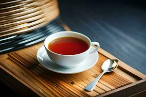 a cup of tea on a bamboo tray. AI-Generated photo