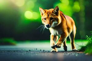 a red dog walking across a road. AI-Generated photo