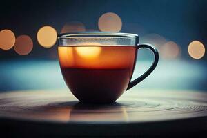 a cup of tea on a table with bokeh lights. AI-Generated photo