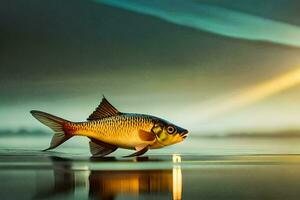 un pescado es nadando en el agua a puesta de sol. generado por ai foto