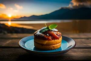 a dessert on a plate with a sunset in the background. AI-Generated photo