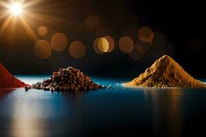 three different spices are shown in front of a light. AI-Generated photo