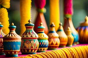 colorful vases on a table with colorful decorations. AI-Generated photo