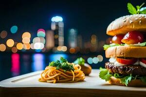 a hamburger with noodles and vegetables on a wooden board. AI-Generated photo