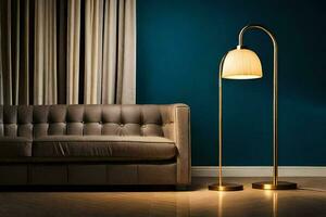 a lamp with a gold shade and a couch. AI-Generated photo