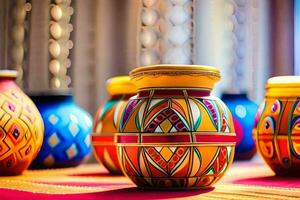 colorful vases on a table with a window in the background. AI-Generated photo