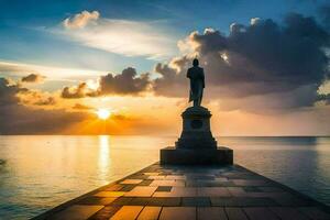 a statue stands on a pier at sunset. AI-Generated photo