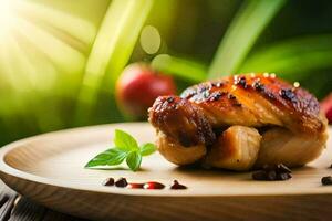 a chicken on a wooden plate with herbs and spices. AI-Generated photo