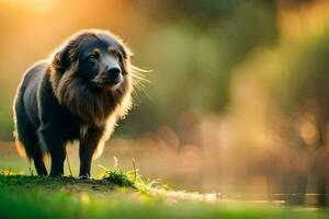 un perro en pie en el césped cerca un estanque. generado por ai foto