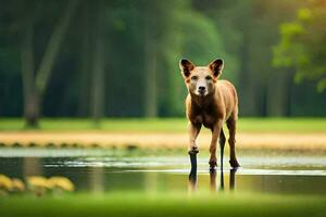 a dog walking through a pond in the forest. AI-Generated photo