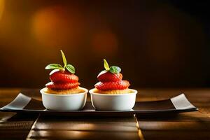 two small desserts with strawberries on a black plate. AI-Generated photo