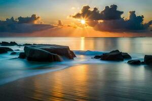 puesta de sol terminado el Oceano con rocas y agua. generado por ai foto