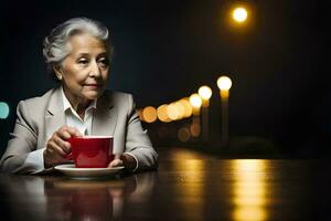 an older woman holding a cup of coffee. AI-Generated photo