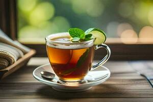 a cup of tea with mint leaves and a slice of lime. AI-Generated photo