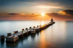 a long exposure photograph of a pier at sunset. AI-Generated photo