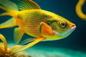 a yellow fish with blue eyes swimming in an aquarium. AI-Generated photo