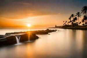 sunset over the ocean with palm trees and rocks. AI-Generated photo