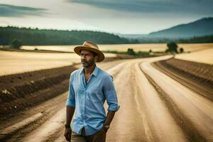 un hombre en un sombrero camina abajo un suciedad la carretera. generado por ai foto