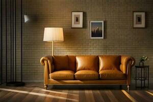 a leather sofa in a room with brick walls. AI-Generated photo