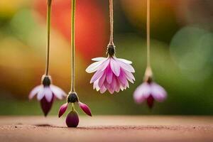 three pink flowers hanging from a string. AI-Generated photo