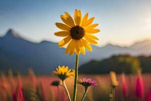 a single yellow sunflower stands in front of a field of wildflowers. AI-Generated photo