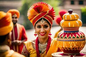 a woman in traditional indian attire is smiling and holding a pot. AI-Generated photo