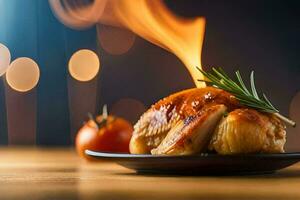 a chicken is on a plate with a flame. AI-Generated photo