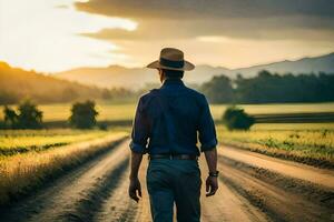 hombre caminando en un suciedad la carretera a puesta de sol. generado por ai foto