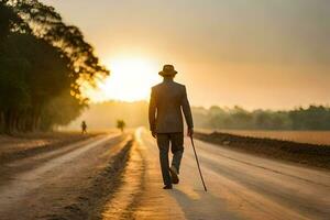 a man in a suit walks down a dirt road at sunset. AI-Generated photo