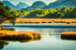 a river with trees and grass in the foreground. AI-Generated photo