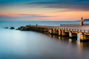 a long exposure photograph of a pier at sunset. AI-Generated photo