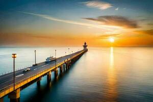 a long exposure photo of a pier at sunset. AI-Generated