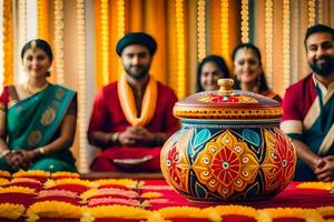 indian wedding ceremony with a pot and flowers. AI-Generated photo