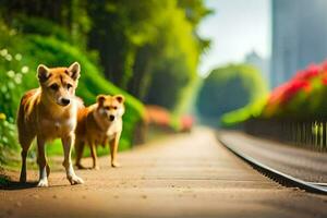 dos perros caminando a lo largo un camino en frente de un tren pista. generado por ai foto