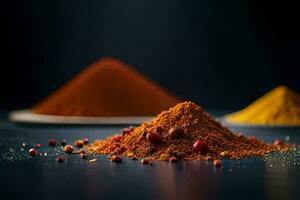 three different types of spices are shown on a table. AI-Generated photo